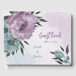 Livro De Visitas casamento romântico roxo e flores azuis