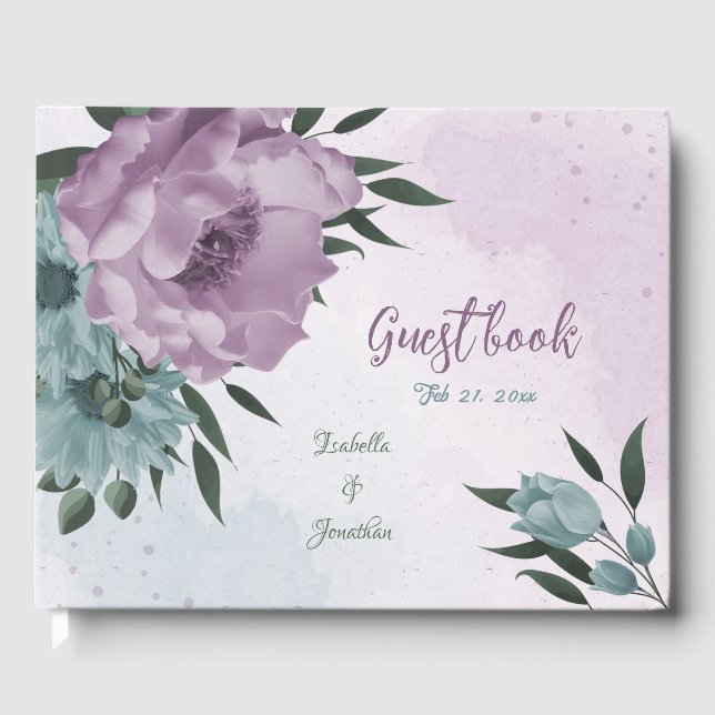 Livro De Visitas casamento romântico roxo e flores azuis (Frente)