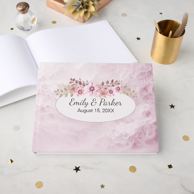 Livro De Visitas Casamento Rosa Abstrato Com Buquê (Frente aberta)