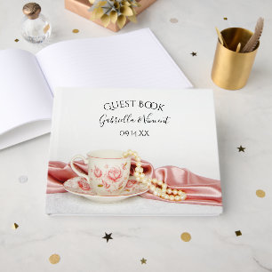 Livro De Visitas Casamento rosa com Tea e Pérolas