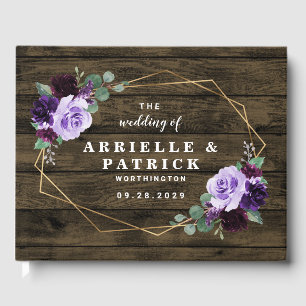 Livro De Visitas Casamento roxo do país e Dourado floral rústico