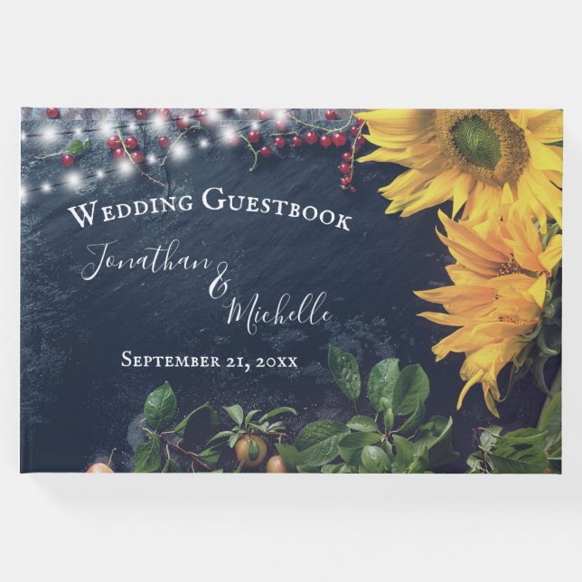 Livro De Visitas Casamento russo de girassol, ardósia e luzes (Frente)