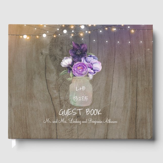 Livro De Visitas Casamento Russo Roxo Floral Mason Jar (Frente)
