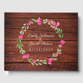 Livro De Visitas Casamento Rustic Brown Wood Floral Pink