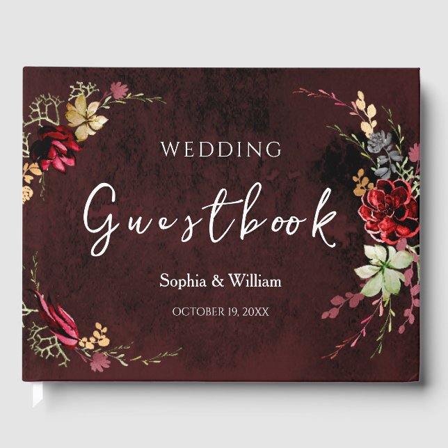 Livro De Visitas Casamento Rustic Burgundy Watercolor (Frente)