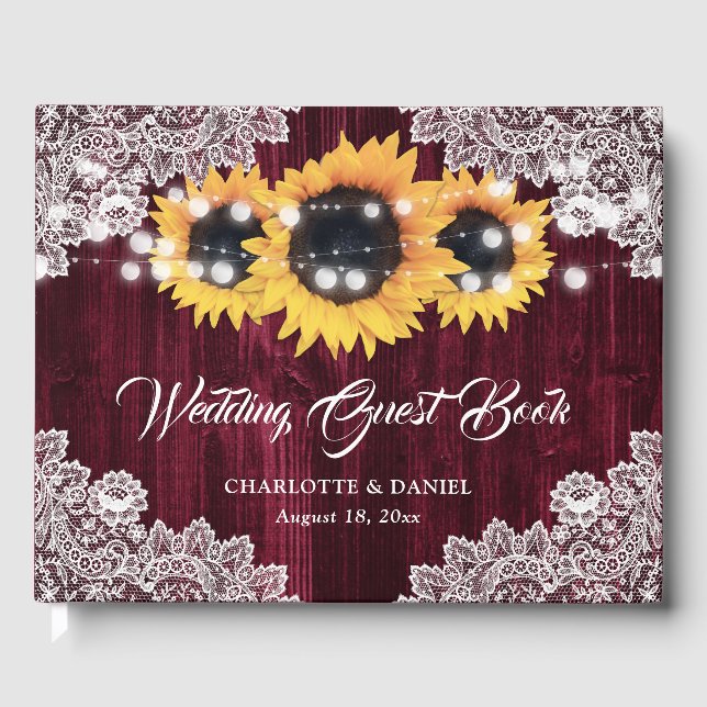 Livro De Visitas Casamento Rustic Burgundy Wood Lace Sunflower (Frente)