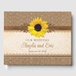 Livro De Visitas Casamento Rustic Burlap Lace Wood Sunflower