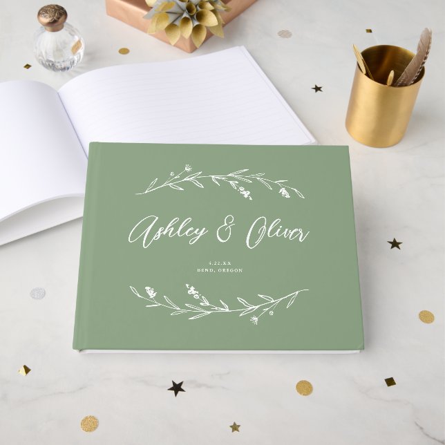 Livro De Visitas Casamento Rustic Elegant Sage Green Selvagens (Frente aberta)