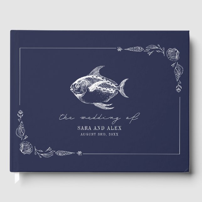 Livro De Visitas Casamento Rustic Fish Dark Blue Beach (Frente)