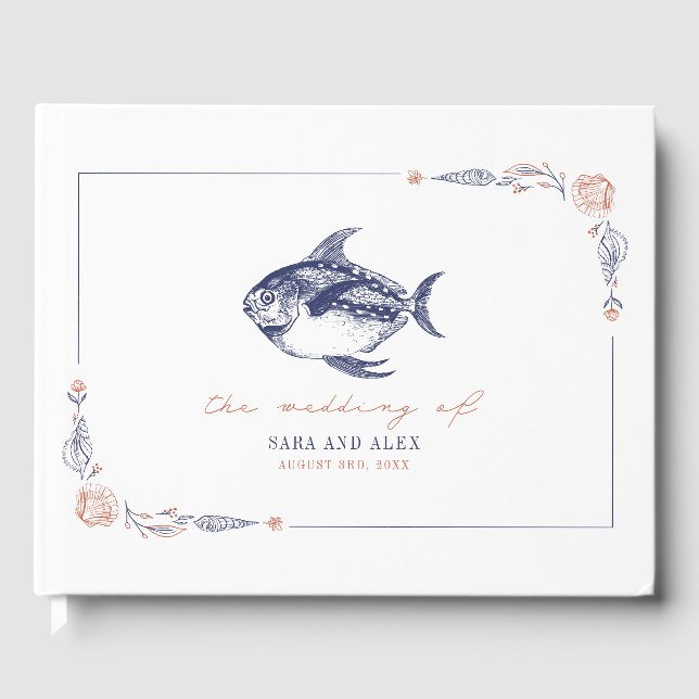 Livro De Visitas Casamento Rustic Fish Red & Blue Beach (Frente)