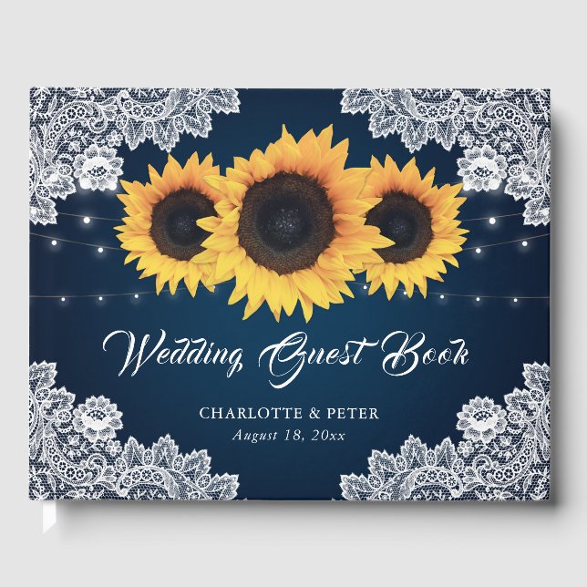 Livro De Visitas Casamento Rustic Marinho Blue Lace Sunflower (Frente)