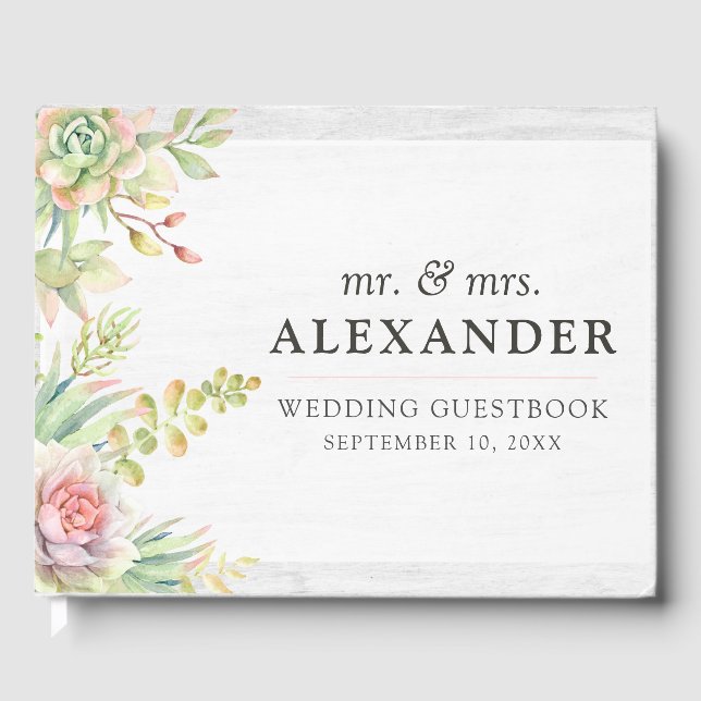 Livro De Visitas Casamento Rustic Watercolor Succulent Desert Cactu (Frente)