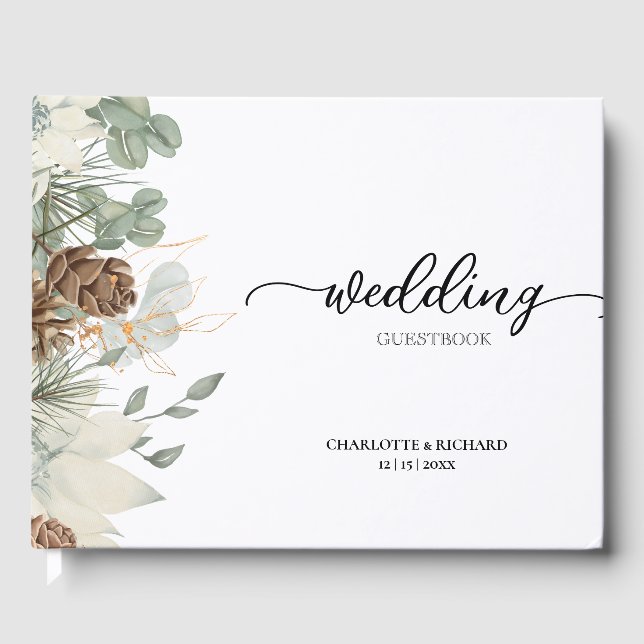 Livro De Visitas Casamento Rustic Woodland Greenery & Pinecones (Frente)