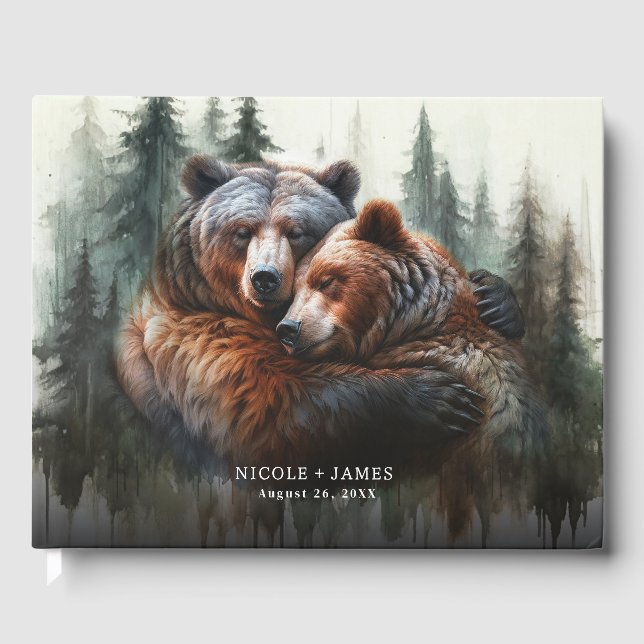 Livro De Visitas Casamento Rústico de Urso de Aquarela na Selva (Frente)