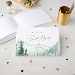 Livro De Visitas Casamento Rústico Floresta Montanha Aquarela Sage