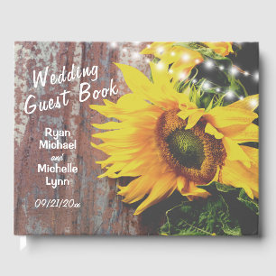 Livro De Visitas Casamento Rústico no Campo com Girassóis e Luzes
