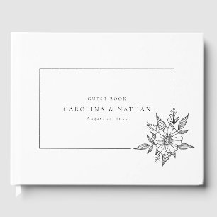Livro De Visitas Casamento Simples de Preto Floral e Branco