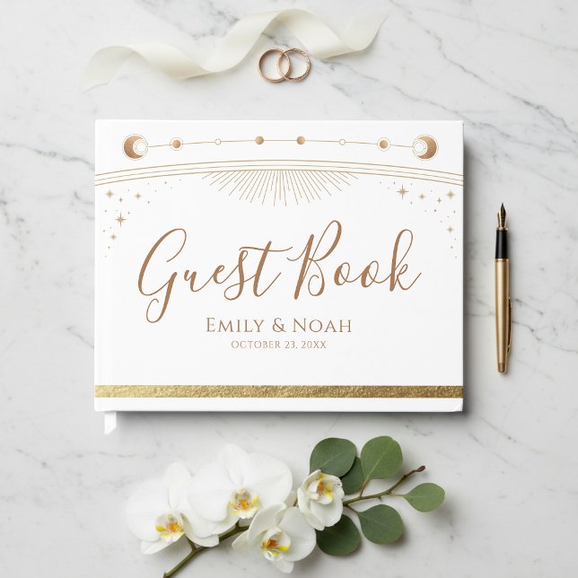 Livro De Visitas Casamento Sol Lua Estrelas Dourado Branco Celestia (Criador carregado)