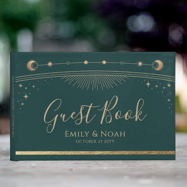 Livro De Visitas Casamento Sol Lua Estrelas Verde Místico Dourado (In Situ Fora)