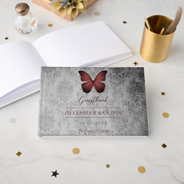 Livro De Visitas Casamento tema damasco da Borboleta Vermelha Vinta (Frente aberta)