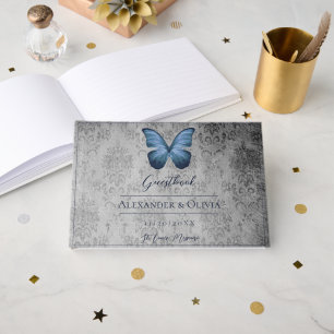 Livro De Visitas Casamento tema damasco de Borboleta Azul Vintage