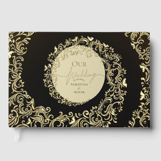 Livro De Visitas Casamento tema damasco Dourado elegante (Frente)