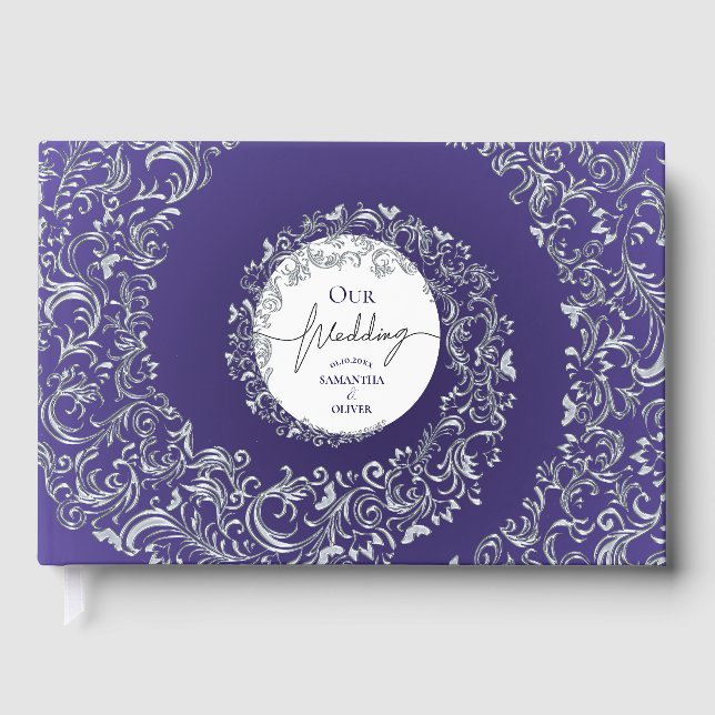 Livro De Visitas Casamento tema damasco Elegante Roxo (Frente)