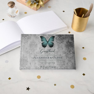 Livro De Visitas Casamento tema damasco Teal Vintage Butterfly