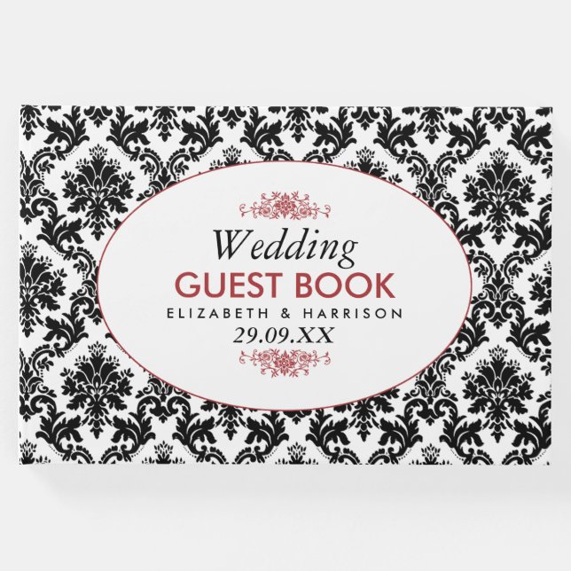 Livro De Visitas Casamento tema damasco vermelho, preto e branco (Frente)