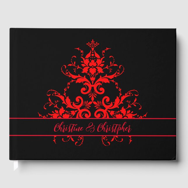 Livro De Visitas Casamento tema damasco Vermelho Romântico, Elegant (Frente)