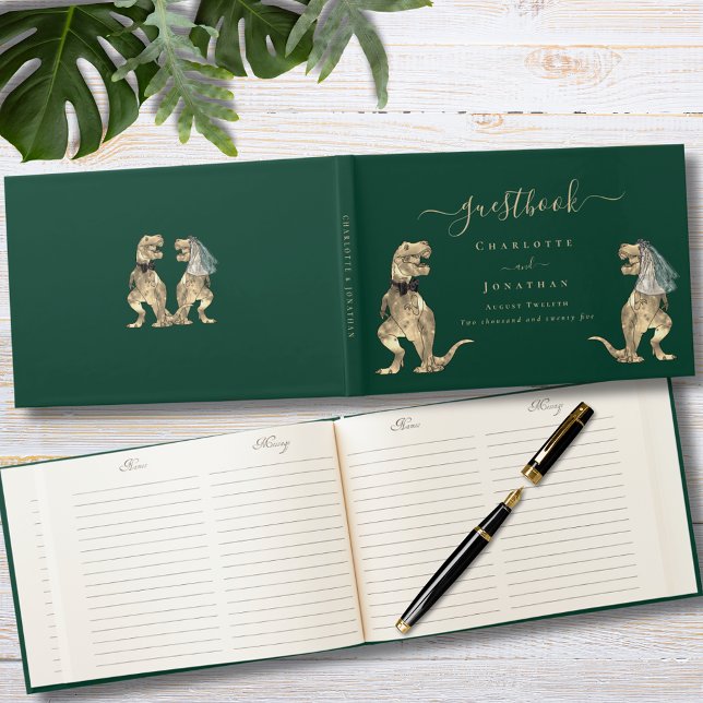 Livro De Visitas Casamento Temático de Dinossauros Verde ( Dinosaur bride and groom wedding dark green custom guest book with funny T-Rex bride and groom dino)