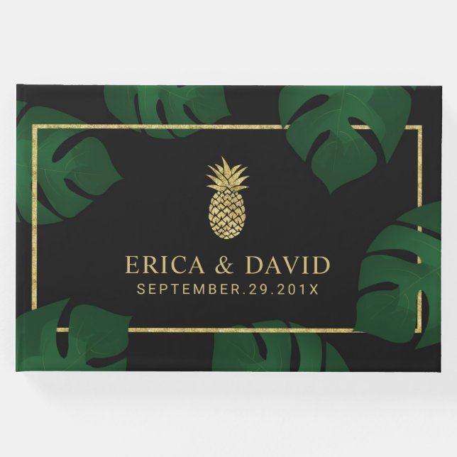 Livro De Visitas Casamento tropical de abacaxi Dourado moderno (Frente)