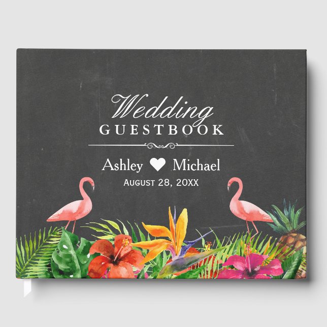 Livro De Visitas Casamento Tropical Floral Flamingos Chalkboard (Frente)