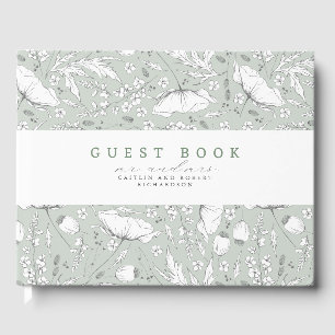 Livro De Visitas Casamento Verde de Flores Selvagens Elegante Sage