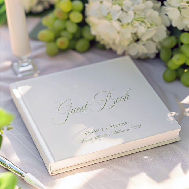 Livro De Visitas Casamento Verde Elegante de Caligrafia Beige & Sag (Elegant Calligraphy Beige & Sage Green Wedding Guest Book)