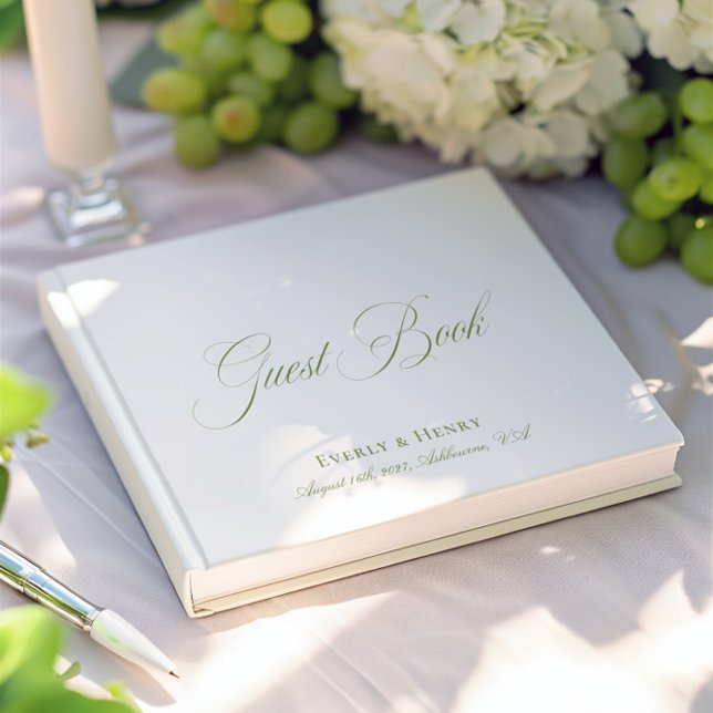 Livro De Visitas Casamento Verde Elegante de Caligrafia Branca e Sa (Elegant Calligraphy White & Sage Green Wedding Guest Book)