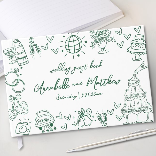 Livro De Visitas Casamento Verde Esmeralda Imunical Desenhado à Mão (Hand Drawn Whimsical Emerald Green Wedding Guest Book)