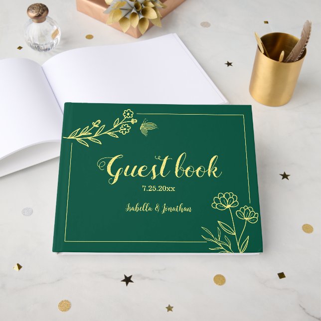 Livro De Visitas Casamento verde esmeralda simples flores douradas (Frente aberta)