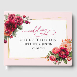 Livro De Visitas Casamento vermelho-quic, floral e dourado falso