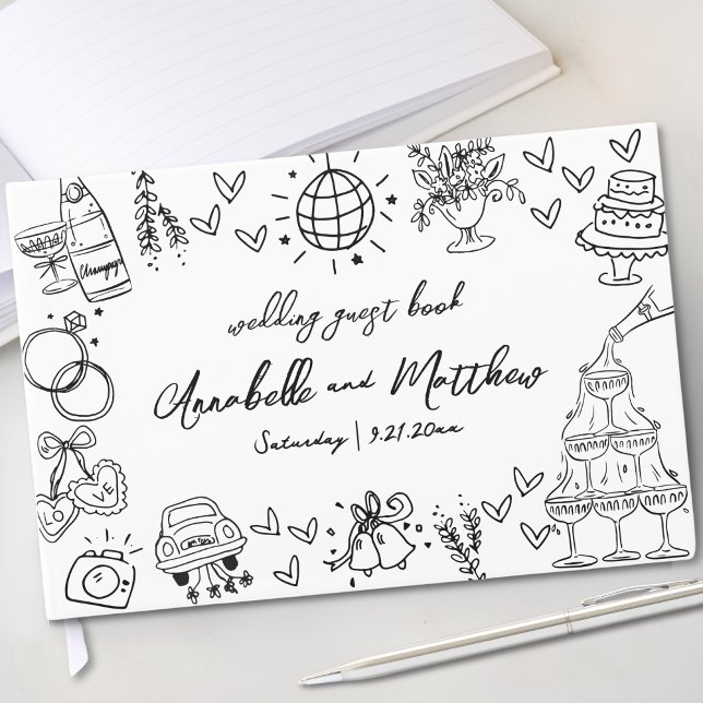 Livro De Visitas Casamento Whimsical De Mão Desenhada Quirky (Hand Drawn Quirky Whimsical Wedding Guest Book)