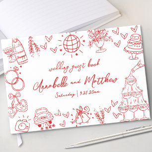 Livro De Visitas Casamento Whimsical Vermelho Desenhado Mão