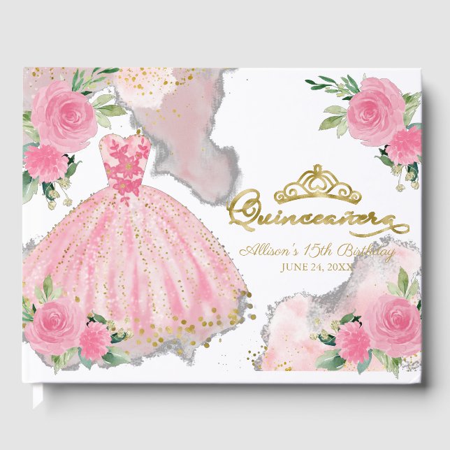 Livro De Visitas Catálogo De Convidados Floral De Quinceanera, Rosa (Frente)