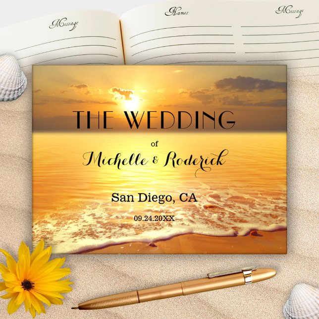 Livro De Visitas Catálogo personalizado de fotos do casamento de pr (A romantic wedding guest book featuring a painting of a sunset on the beach with your custom photo)