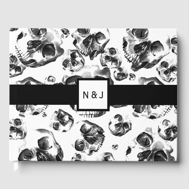 Livro De Visitas Caveiras Pretas e Brancas Esqueleto Crânio Casamen (Frente)