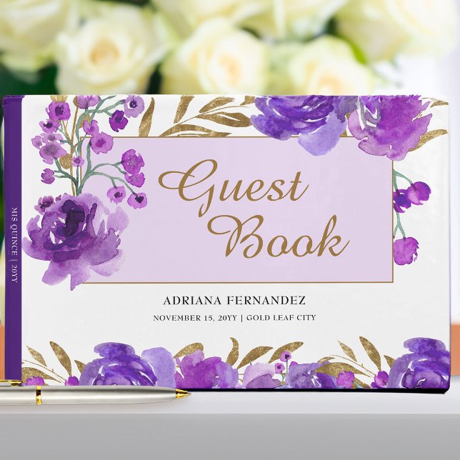 Livro De Visitas Celebração de Rosa púrpura e folha Dourada (Purple floral guest book from my Rose and Gold Leaf quinceanera collection)