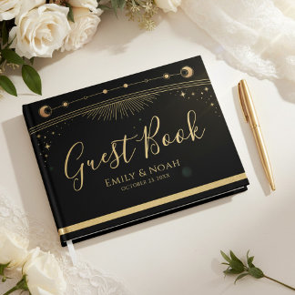 Livro De Visitas Celestial Black Gold Sun Moon Stars Wedding 