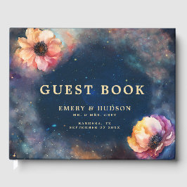 Livro De Visitas Celestial Floral Galaxy Starry Night Blue Wedding