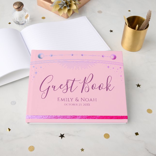 Livro De Visitas Celestial Pink Purple Sun Moon Stars Wedding  (Frente aberta)