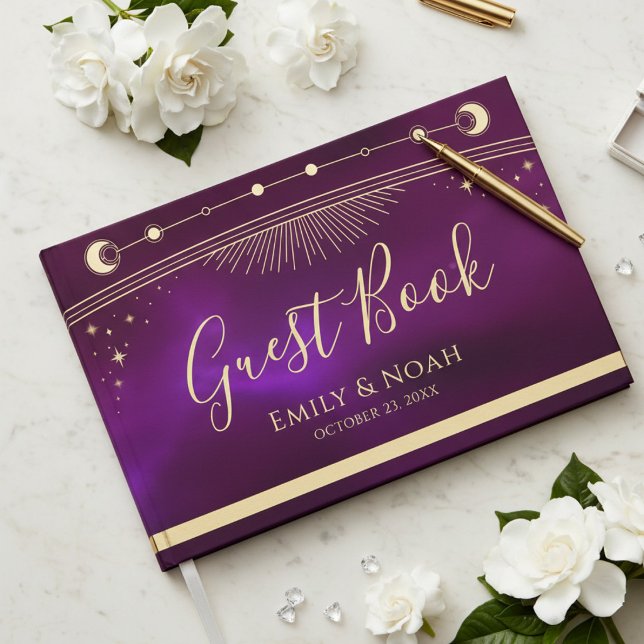 Livro De Visitas Celestial Purple Teal Gold Sun Moon Stars Wedding  (Criador carregado)