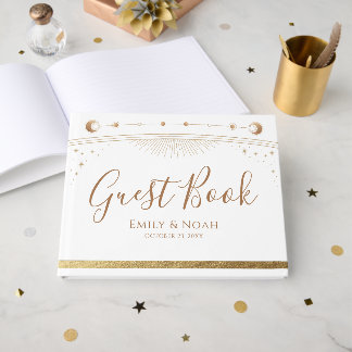 Livro De Visitas Celestial White Gold Sun Moon Stars Wedding 